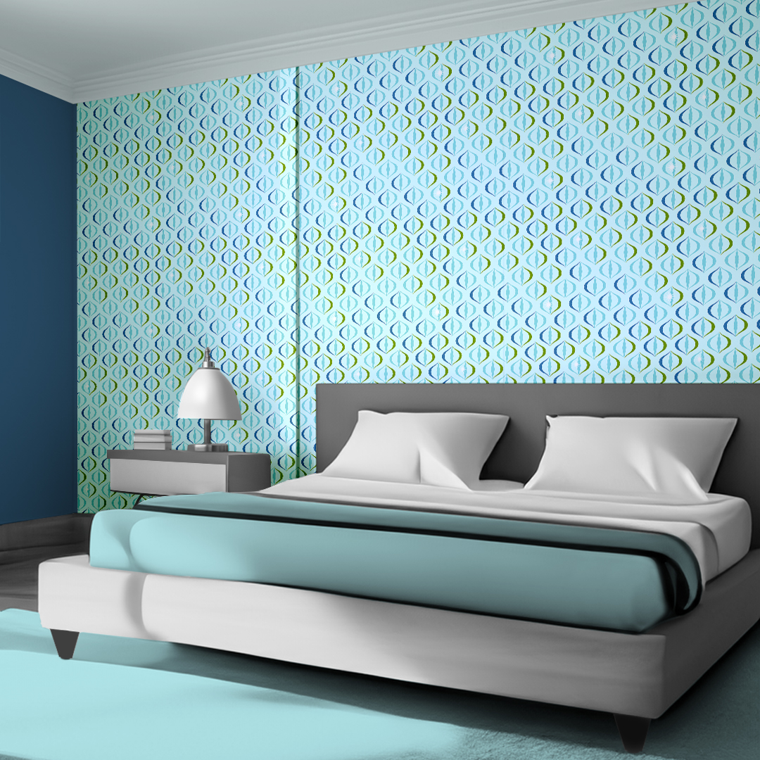 The artwork features a repeating geometric pattern of symmetrical shapes resembling elongated, curved diamonds or petals in various shades of blue and green. Each shape is split vertically with one half filled with a light blue and the other half filled with green or darker blue. The background is a light, almost pastel blue, which provides a soft yet vibrant backdrop. One of the blue shapes near the upper left contains a white starburst element, adding a focal point of brightness to the composition. The overall design conveys a modern, mid-century aesthetic with clean lines and harmonious color contrasts.